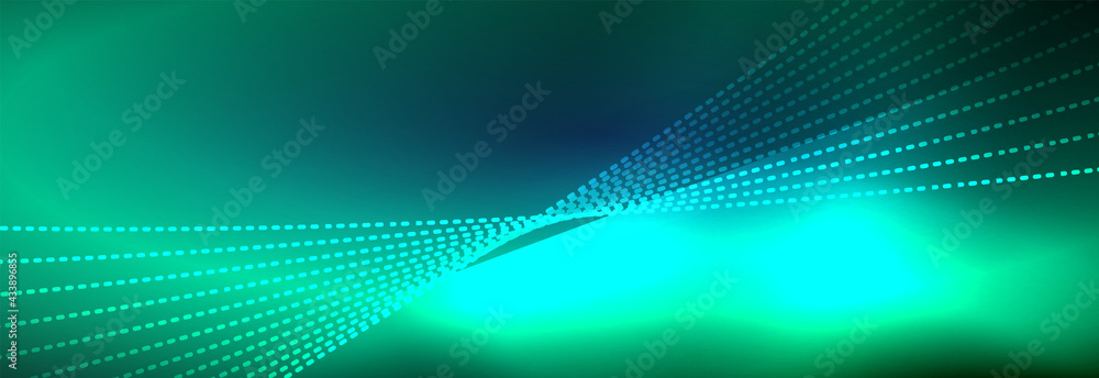 Neon shiny color background with light glowing wave line particles. Wallpaper background, design templates for business or technology presentations, internet posters or web brochure covers Neon shiny color background with light glowing wave line particles. Wallpaper background, design templates for business or technology presentations, internet posters or web brochure covers