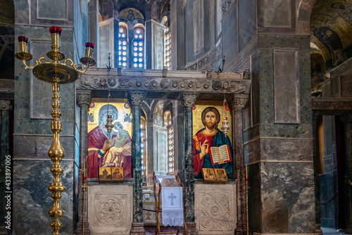 Distomo ,Greece - 10.08.2019 :Interior View and golden mosaic on walls and ceiling of the byzantine monastery of Hosios Loukas (Holy Lucas) in Greece. photo