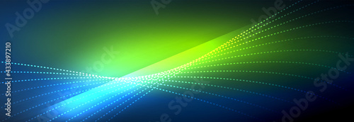 Neon shiny color background with light glowing wave line particles. Wallpaper background, design templates for business or technology presentations, internet posters or web brochure covers