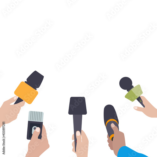 Hands with microphones. Journalist press conference
