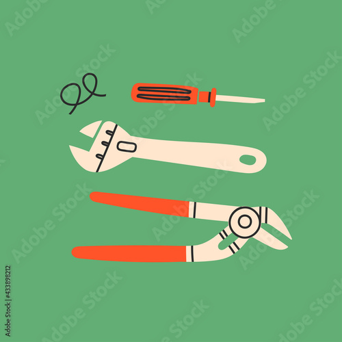 Various working Tools. Different instruments. Handmade, handcraft, construction, building, repair, DIY concept. Card, logo or poster template. Hand drawn Vector illustration. All elements are isolated