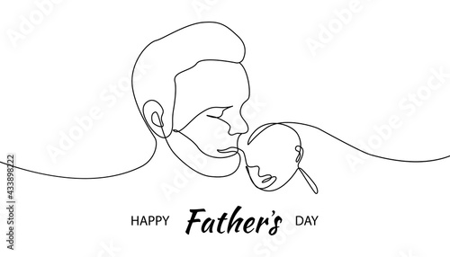 Fathers Day line art.Solid line,continuous one line drawing. Father holding his child . Continuous line art vector.Happy Fathers Day concept with a lettering