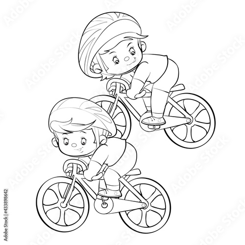 sketch, two cyclists take part in a competition, isolated object on white background, cartoon illustration, vector,