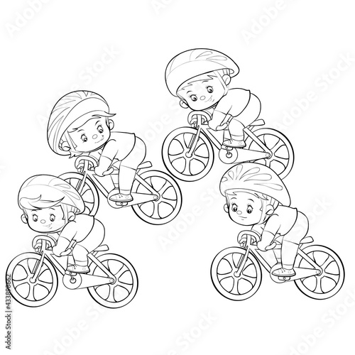 sketch, four cyclists take part in the competition, isolated object on white background, cartoon illustration, vector,