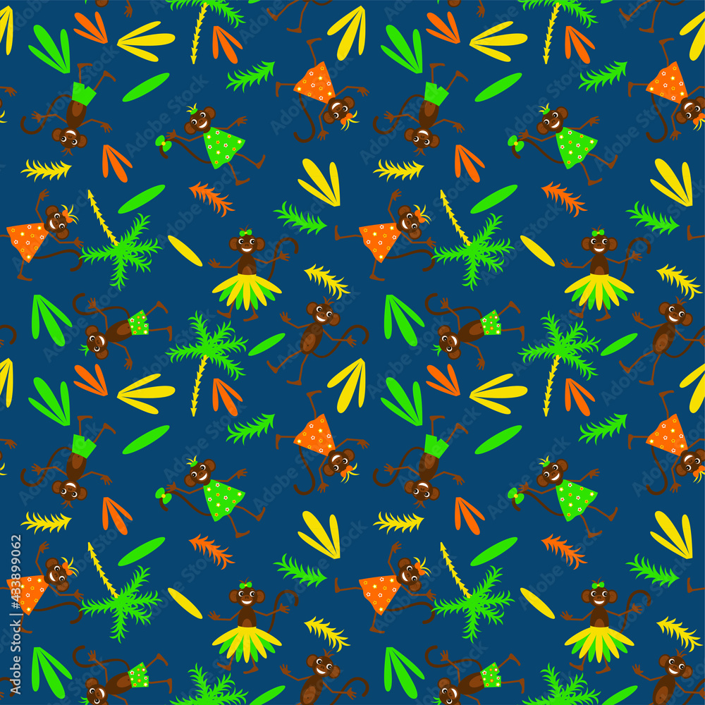 Seamless vector pattern with monkeys, palm trees and leaves.