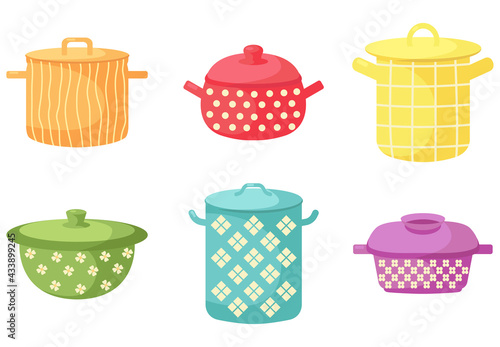 Cartoon cooking pots. Set of kitchen utensils. Kitchen colorful appliances. Flat vector illustration on a white background.