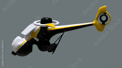3D rendering of a flying futuristic drone, helicopter of a futuristic flying drone, helicopter. On a plain background