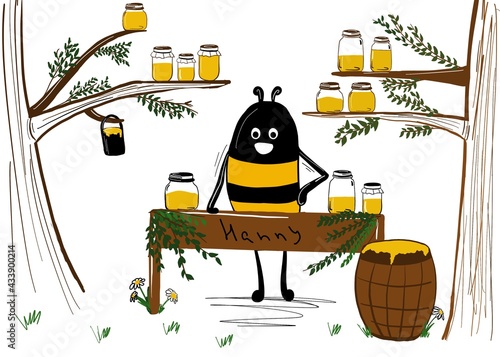 Funny bee with honey in jars, a barrel. The illustration is drawn in cartoon style.