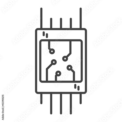 Microchip icon. A simple line drawing of a general view of any electronics board. Brackets for soldering on both sides. Isolated vector on pure white background.