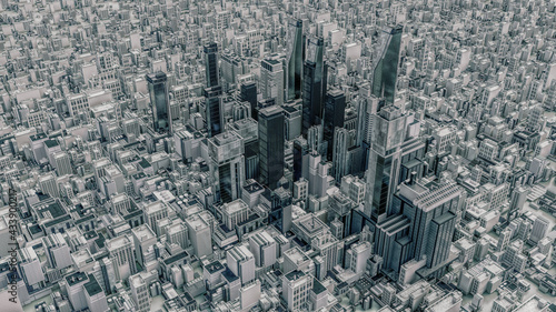 Panoramic top 3D illustration view of the down town of a huge city