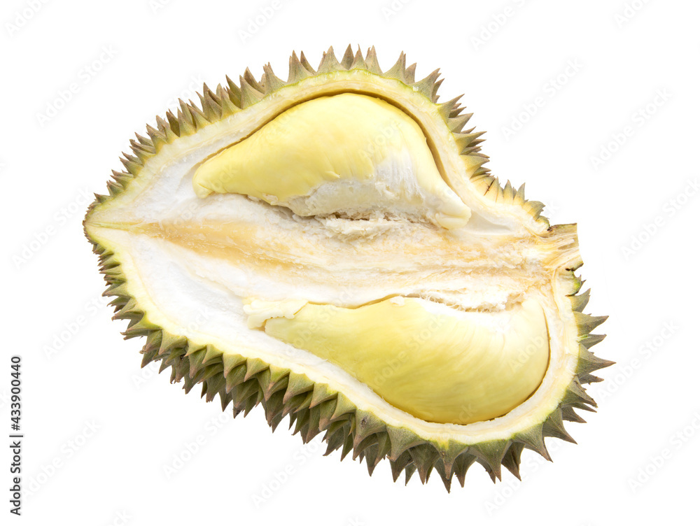 Half sliced durian isolated on white background Half sliced durian isolated on white background