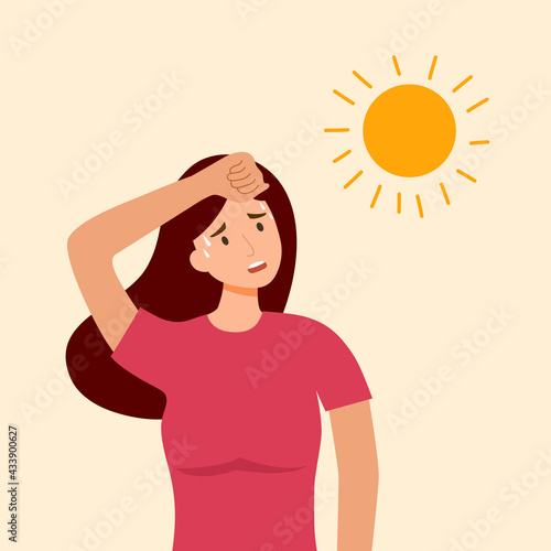 Woman suffering from heat and sweaty dehydration from strong sunlight in flat design. Hot climate in summer.