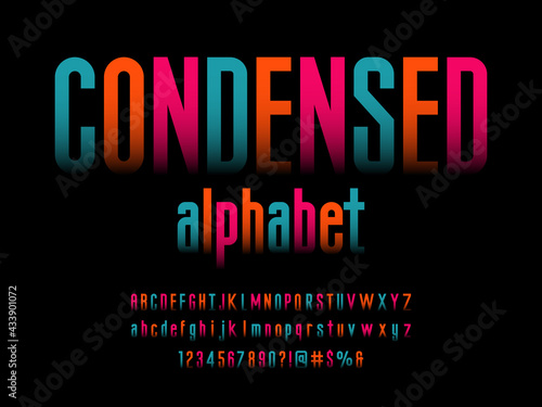 Vector of stylized condensed alphabet design with uppercase, lowercase, numbers and symbols