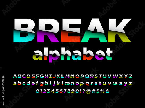 Vector of modern sliced style alphabet design with uppercase, lowercase, numbers and symbols