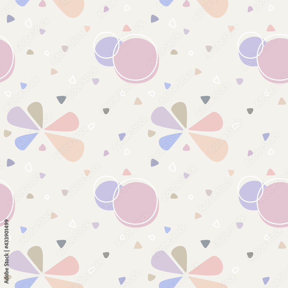 Cute and modern style geometric shapes, pink, purple circle, pastel color seamless pattern with soft background Cute and modern style geometric shapes, pink, purple circle, pastel color seamless pattern with soft background