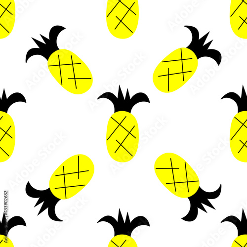 Pineapple seamless pattern in a cartoon style with a clipping mask. Isolated stock vector illustration. Bright yellow and black pineapples on a white background.