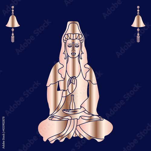 Quan Yin in gold color. Postcard in oriental style in blue. The symbol of Chinese culture.