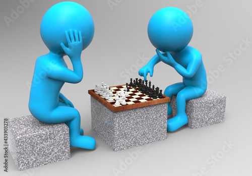 3d rendering of two balloonhead cuties playing chess somwhere outside. photo