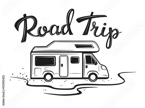 Road trip poster with camper on the way to holidays in black color with hand written text