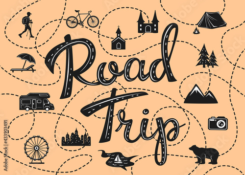 R poster with a stylized map with points of interest and sightseeing for travelers like city, old castle, monastery, fan fair, beach, sea, forest, mountain, zoo, camping place, biking hiking routes