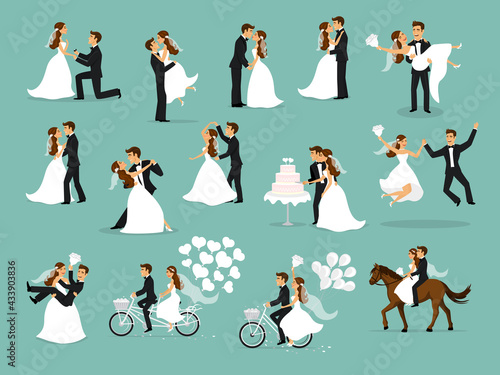 Fotografia wedding couple set, bride and groom dancing, hugging, kissing, riding bike and h