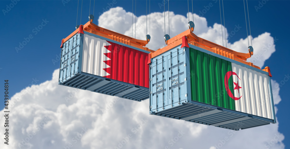 Two freight container with Algeria and Bahrain flag. Copy space on the left side - 3D Rendering Two freight container with Algeria and Bahrain flag. Copy space on the left side - 3D Rendering