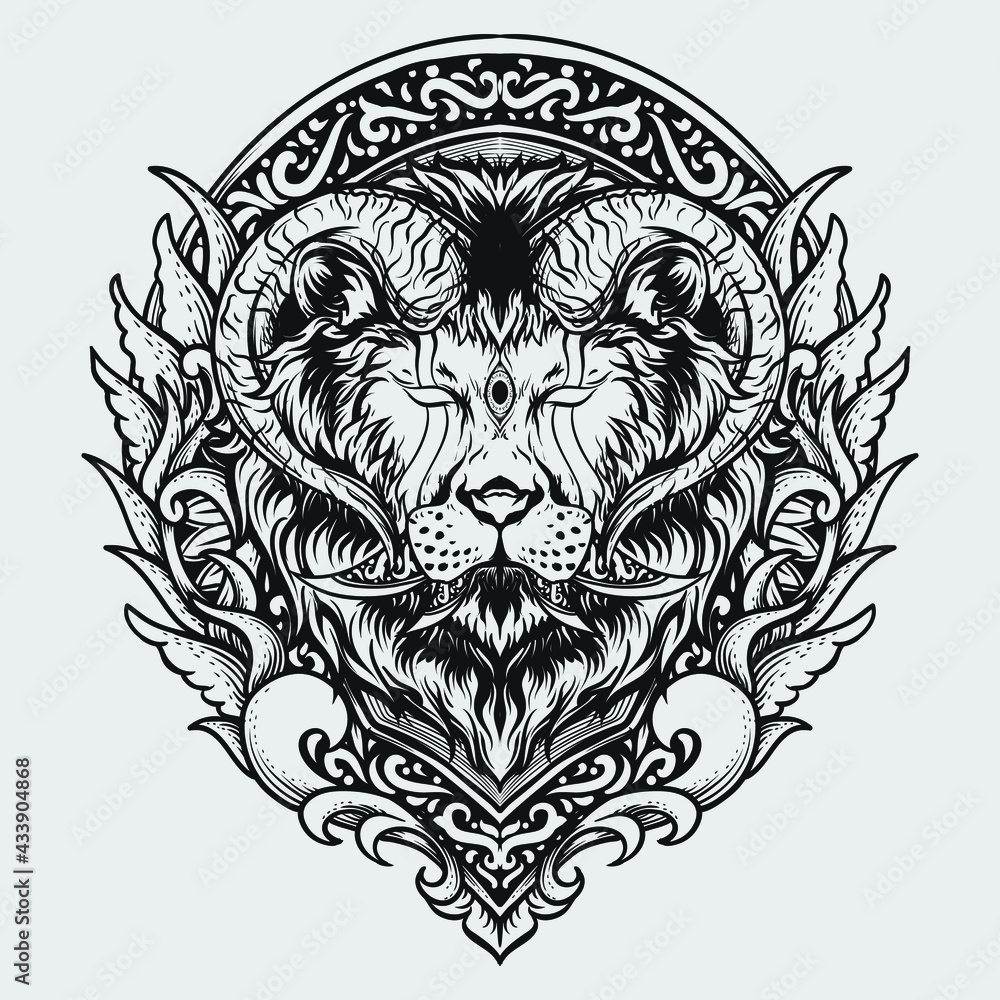 tattoo and t shirt design black and white hand drawn lion with horn engraving ornament
