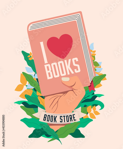 I love books. Book reading concept with raised hand holding book for poster or flyer or banner design for book store or fair or literature festival. Vector illustration