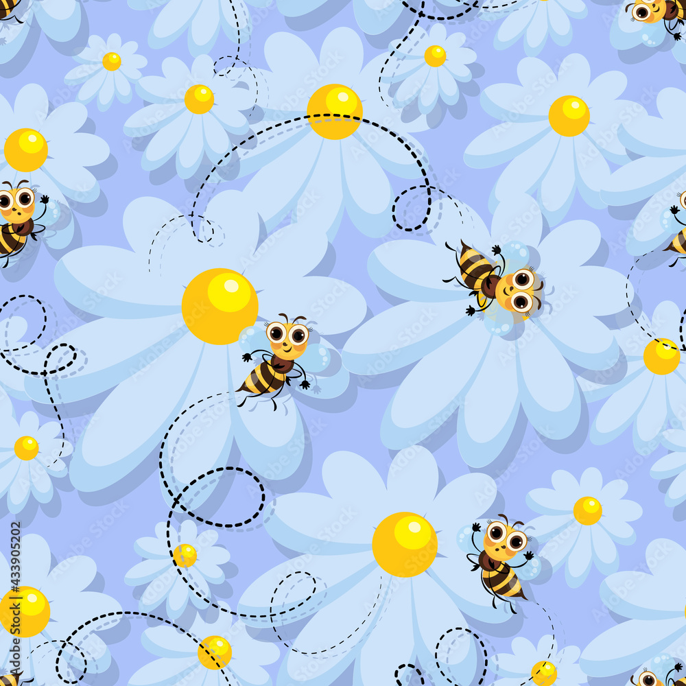 Bee swarm. Vector chamomile background. Bees in camomile meadow. Bee meadow. Cute cartoon character. Bee swarm. Vector chamomile background. Bees in camomile meadow. Bee meadow. Cute cartoon character.