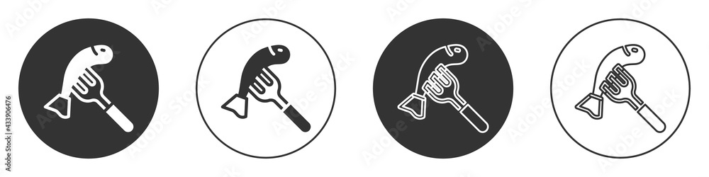 Black Served fish on a plate icon isolated on white background. Circle button. Vector Black Served fish on a plate icon isolated on white background. Circle button. Vector