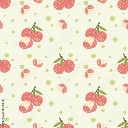Cute fresh lychee fruits seamless pattern with green dot and soft color background 