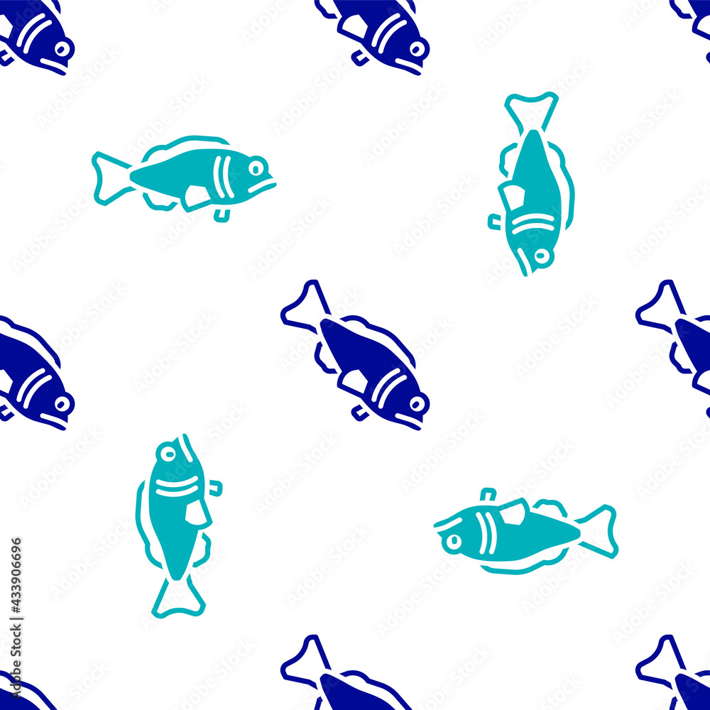 Obraz premium Blue Fish icon isolated seamless pattern on white background. Vector