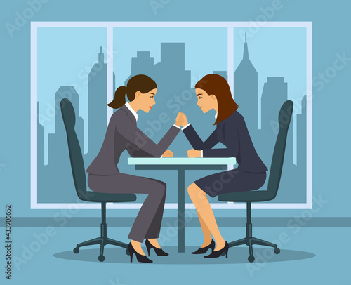 Business competition concept . Two businesswoman, employee arm wrestling in the office