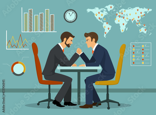 Business competition concept vector illustration. Two businessmen arm wrestling