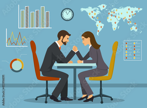 Business competition concept vector illustration. Businessman and businesswoman arm wrestling in the office