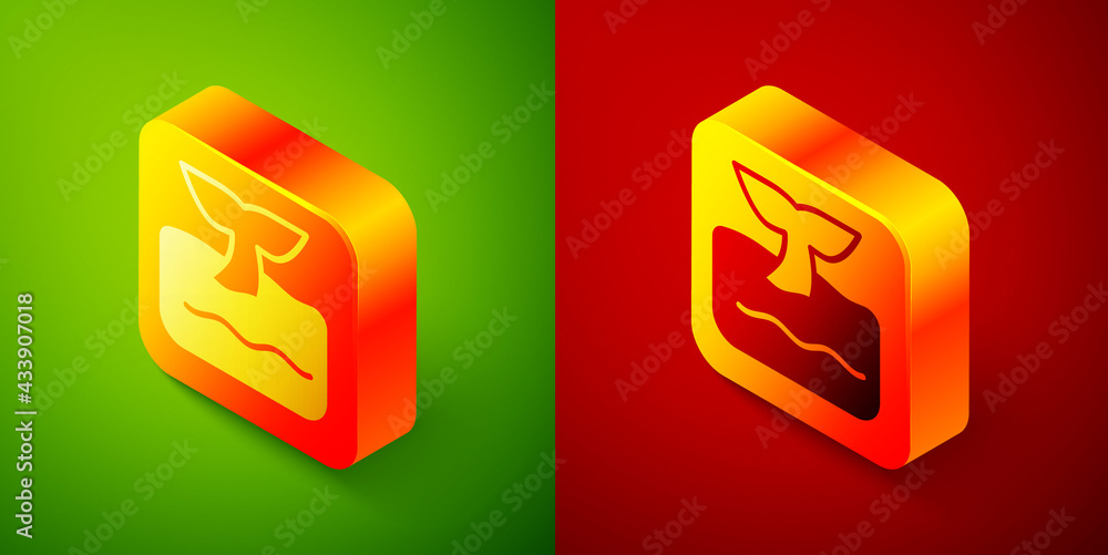 Isometric Whale tail in ocean wave icon isolated on green and red background. Square button. Vector Isometric Whale tail in ocean wave icon isolated on green and red background. Square button. Vector
