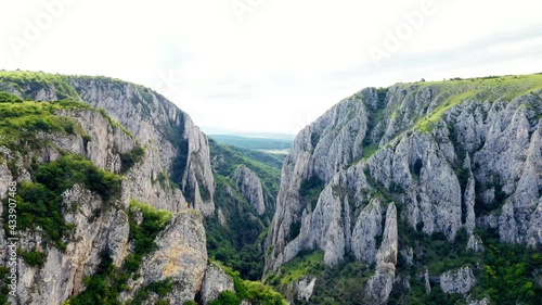 Aerial drone shot of Cheile Turzii canyon. Flying over Cheile Turzii
