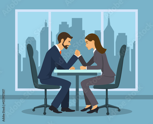 Business competition concept . Businessman and businesswoman arm wrestling in the office