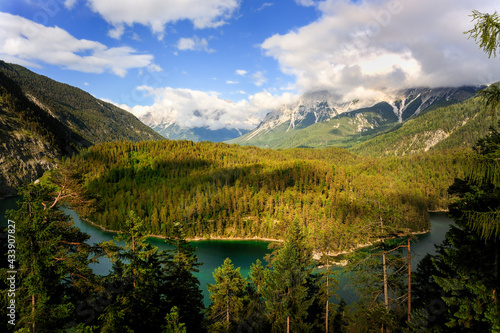 Beautiful summer mountains landscape. Fernsteinsee Scenic Tyrol Lake in Western Austria, Europe.