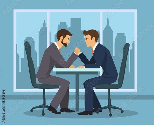 Business competition concept . Two businessman, employee arm wrestling in the office