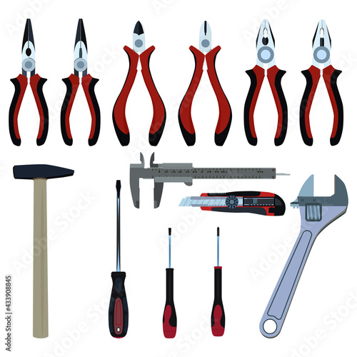 Work tools. Wire cutters, combination, needle nose pliers, wrench screwdriver cutter knife vernier caliper hammer vector