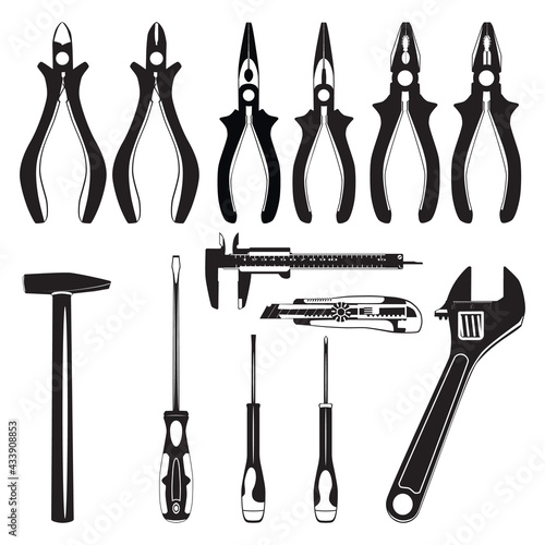 Work tool silhouettes. Wire cutters, combination pliers, wrench screwdriver cutter knife vernier caliper hammer, vector