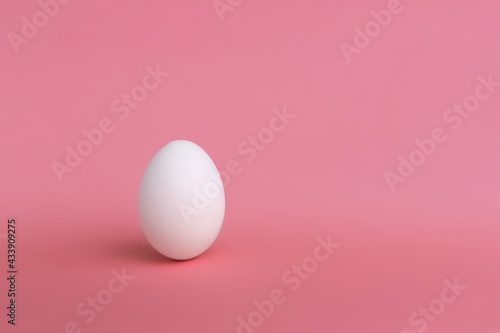 A white egg on a pink background. The concept of minimalism. Side view. A card with a copy of the place for the text.