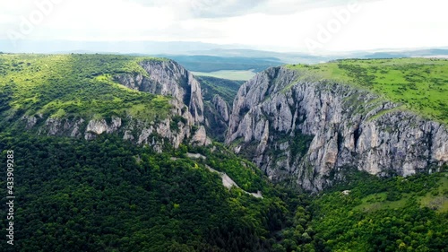 Aerial drone shot of Cheile Turzii canyon. Flying over Cheile Turzii
