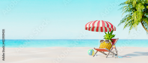 Pineapple with sunglasses resting and drink cocktail on the beach, Summer holiday concept 3d render 3d illustration