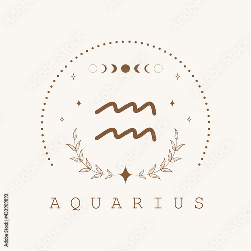 Aquarius. Zodiac sign in boho style. Astrological icon isolated on white background. Mystery and esoteric. Horoscope logo vector illustration. Spiritual tarot card.