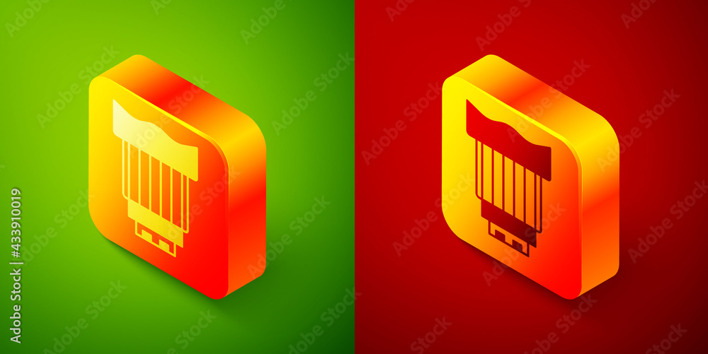 Isometric Camera photo lens icon isolated on green and red background. Square button. Vector Isometric Camera photo lens icon isolated on green and red background. Square button. Vector
