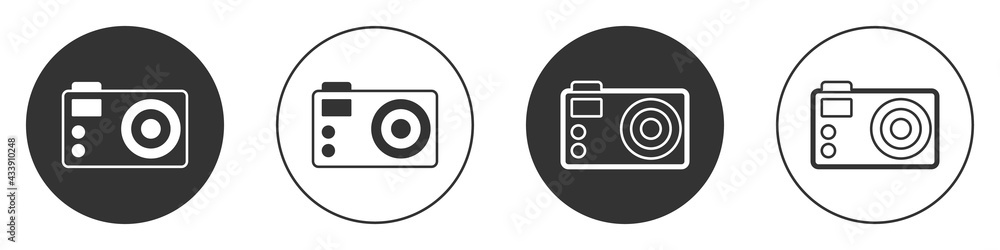 Black Photo camera icon isolated on white background. Foto camera. Digital photography. Circle button. Vector Black Photo camera icon isolated on white background. Foto camera. Digital photography. Circle button. Vector