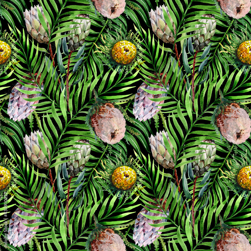 Obraz premium Seamless pattern tropical palm leaves, exotic protea flowers with pink buds and leaves. Botanical hand-drawn watercolor on a black background for fabric, textile, wallpaper, packaging.