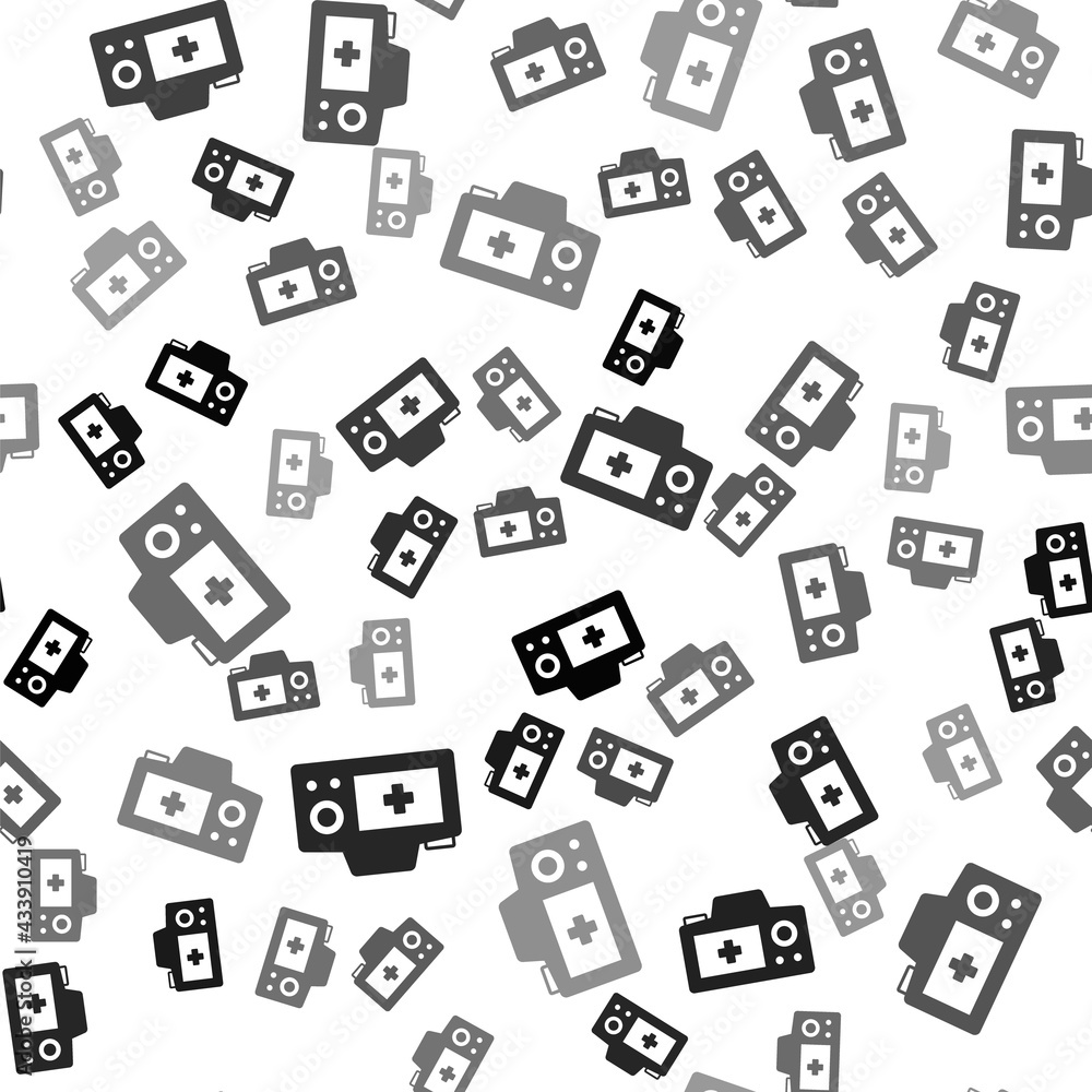 Black Photo camera icon isolated seamless pattern on white background. Foto camera. Digital photography. Vector Black Photo camera icon isolated seamless pattern on white background. Foto camera. Digital photography. Vector